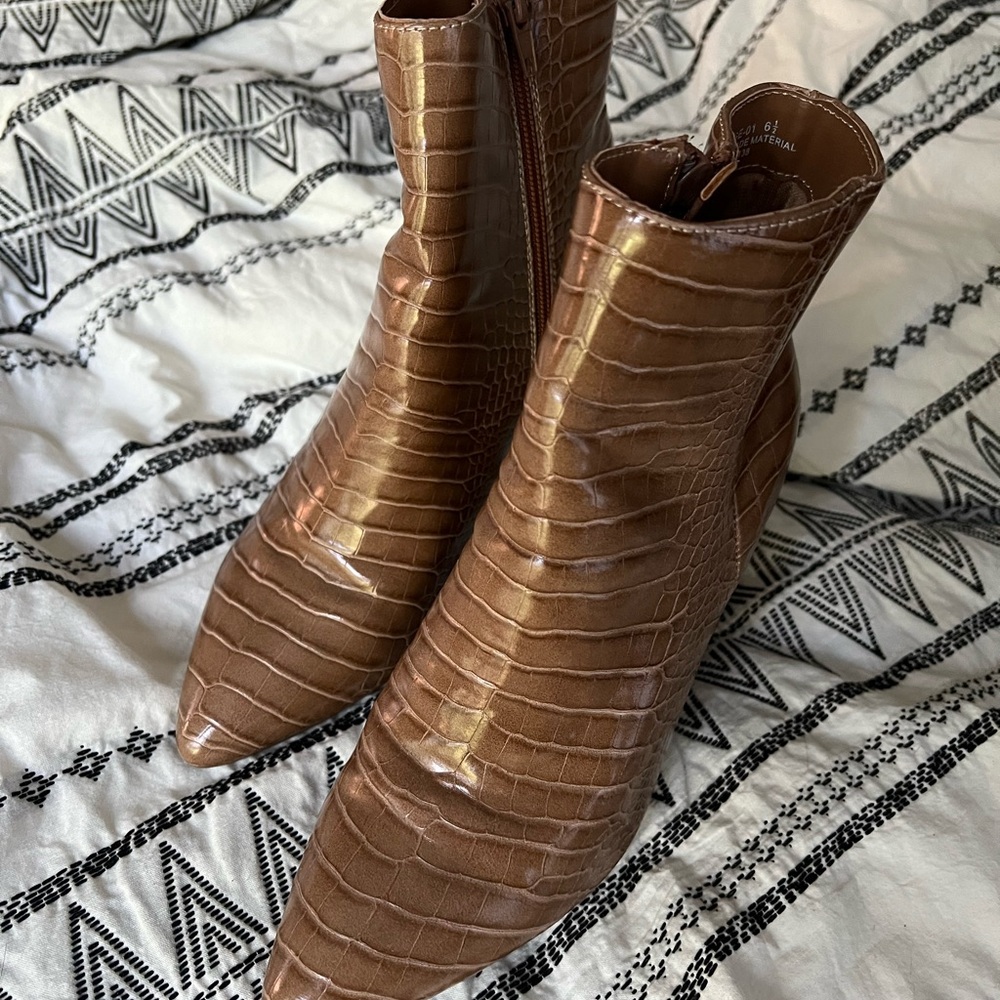 BAMBOO Tan Croc-Pattern Ankle Booties